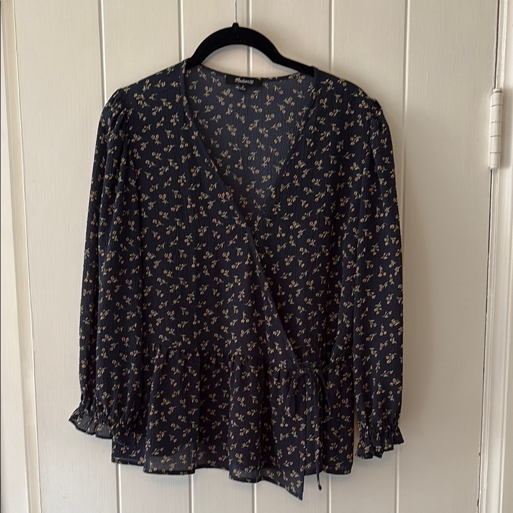Madewell Navy and White Flutter Sleeve Wrap Blouse